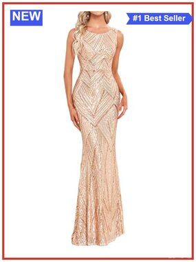 Sequin Bodycon Mermaid Formal Dress Floor Length Boat Neck Sleeveless Evening